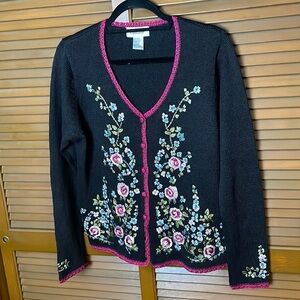 Vintage Candor Embroidered Floral Cardigan Small Button Up V Neck Sweater